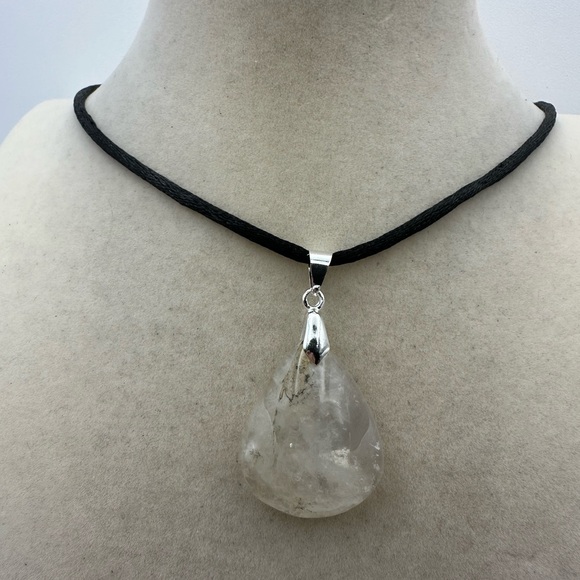 Dendritic Quartz Teardrop Pendant Necklace on Black Satin Tope - Picture 2 of 8